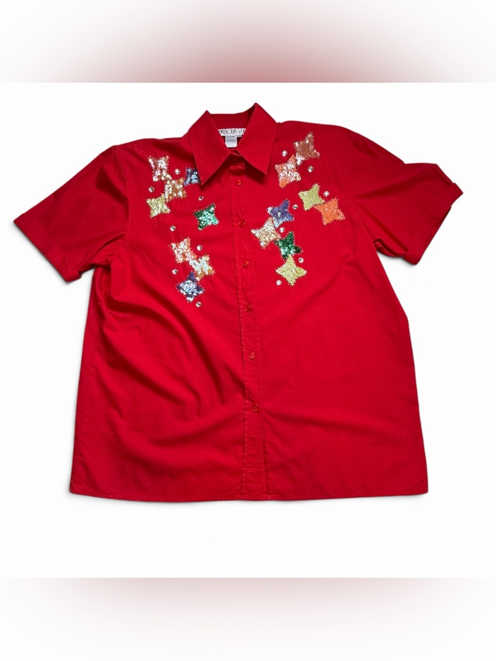 Harbour Vue 90s Vtg Red Sequin Star Short Sleeve Glam Button Up Sz 16